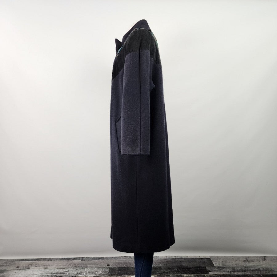 Vintage Blue Wool Leather Trimmed Floral Winter Long Coat Size L