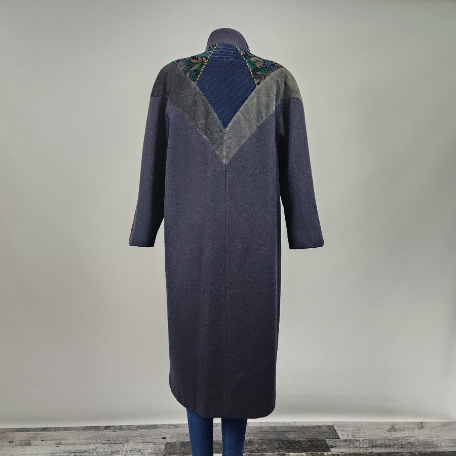 Vintage Blue Wool Leather Trimmed Floral Winter Long Coat Size L