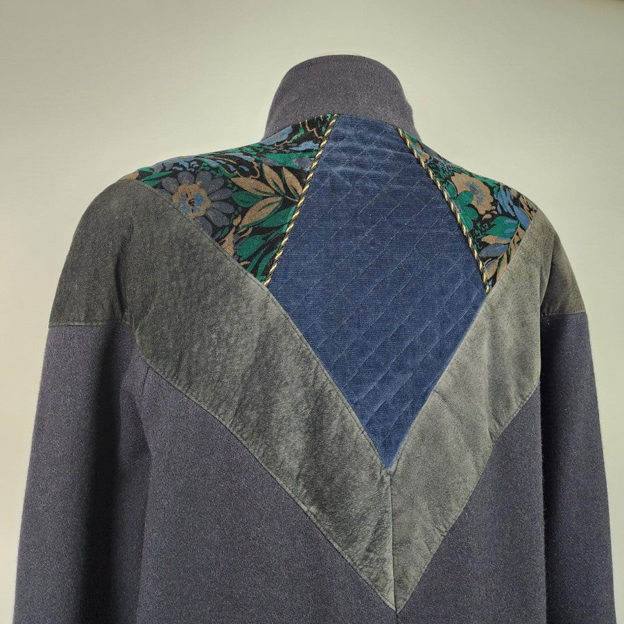 Vintage Blue Wool Leather Trimmed Floral Winter Long Coat Size L