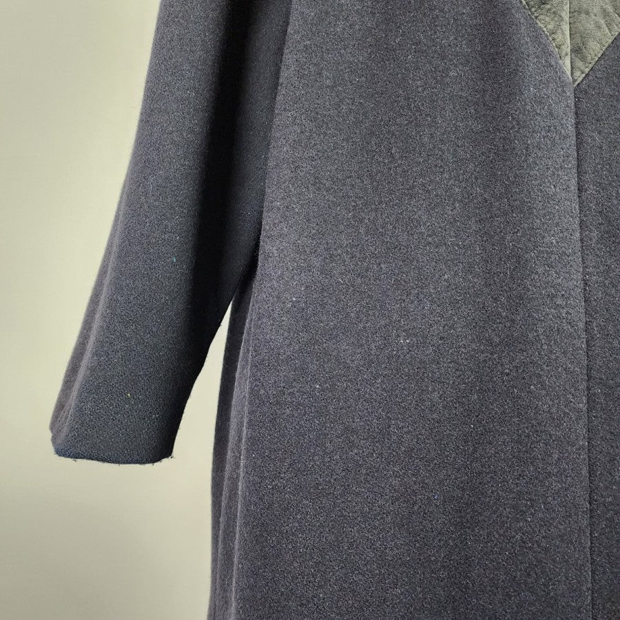 Vintage Blue Wool Leather Trimmed Floral Winter Long Coat Size L