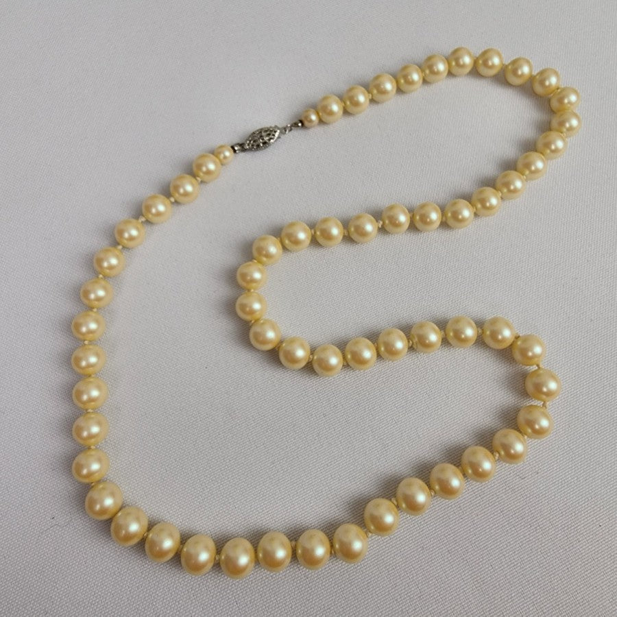 Vintage Cream Glass Faux Pearl Necklace Sterling Clasp