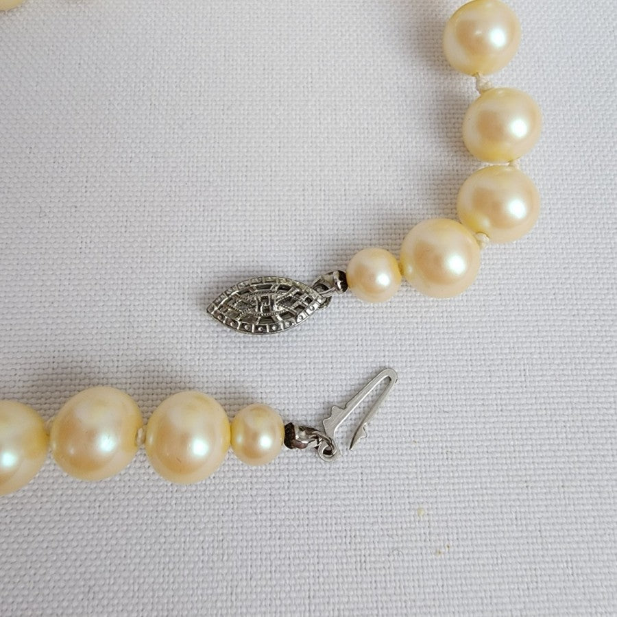 Vintage Cream Glass Faux Pearl Necklace Sterling Clasp