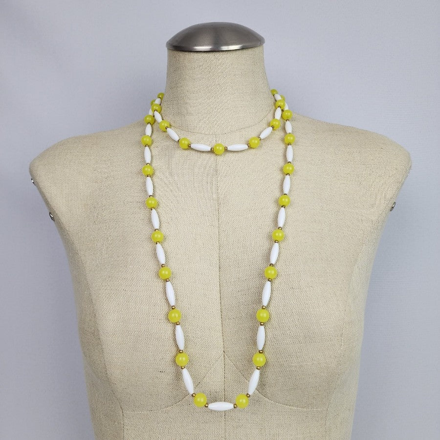 Vintage Yellow & White Beaded Long Necklace