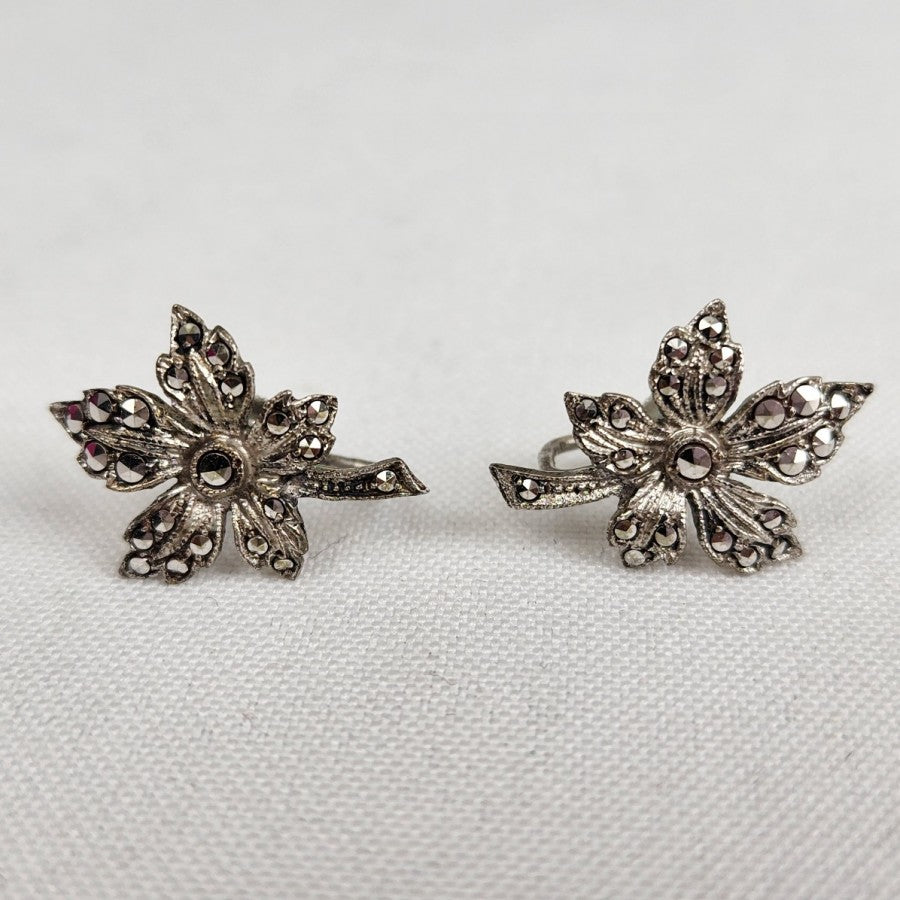 Vintage Sterling Silver Hematite Leaf Earrings Screw Back