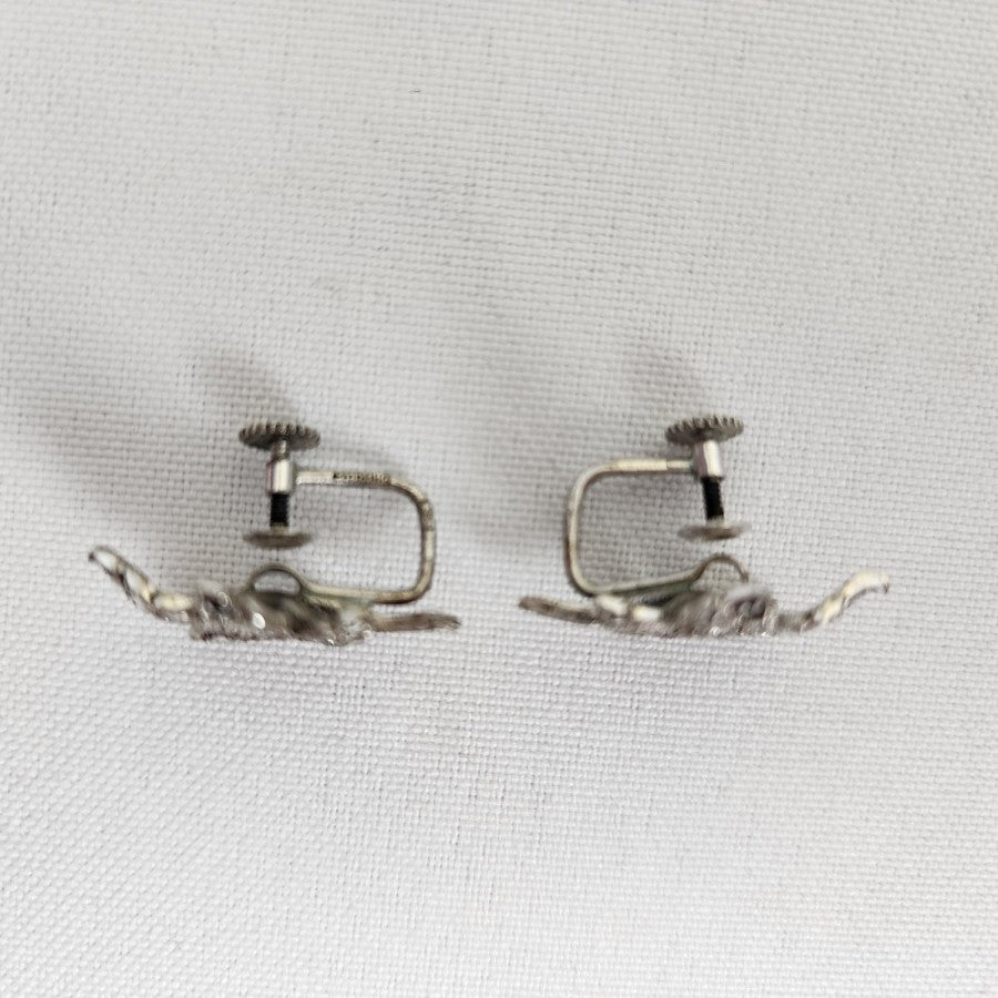 Vintage Sterling Silver Hematite Leaf Earrings Screw Back