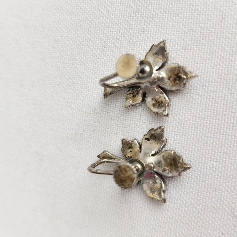 Vintage Sterling Silver Hematite Leaf Earrings Screw Back