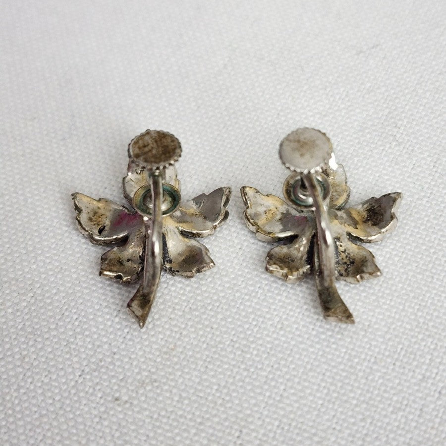 Vintage Sterling Silver Hematite Leaf Earrings Screw Back