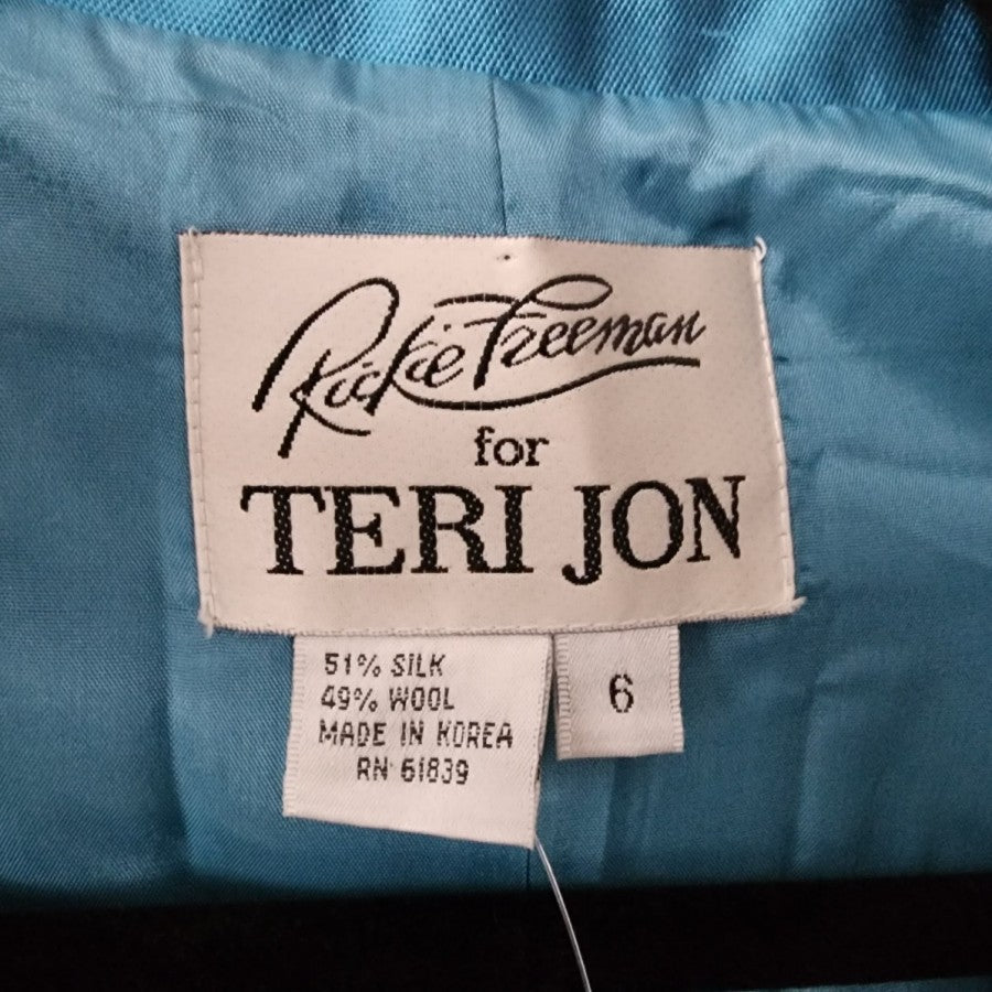Teri Jon by Rickie Freeman Silk Wool Blue Rhinestone Blazer Size 6