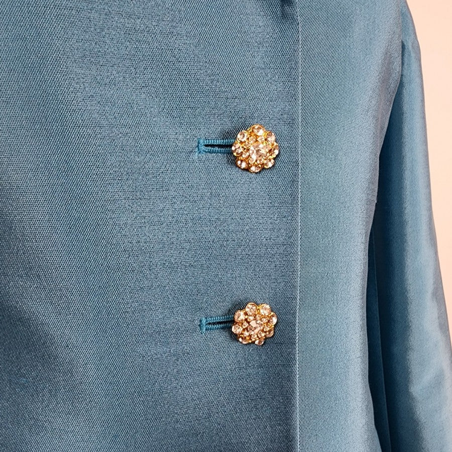 Teri Jon by Rickie Freeman Silk Wool Blue Rhinestone Blazer Size 6