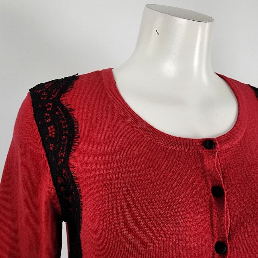 Denver Hays Red Black Lace Button Up Cardigan Size S