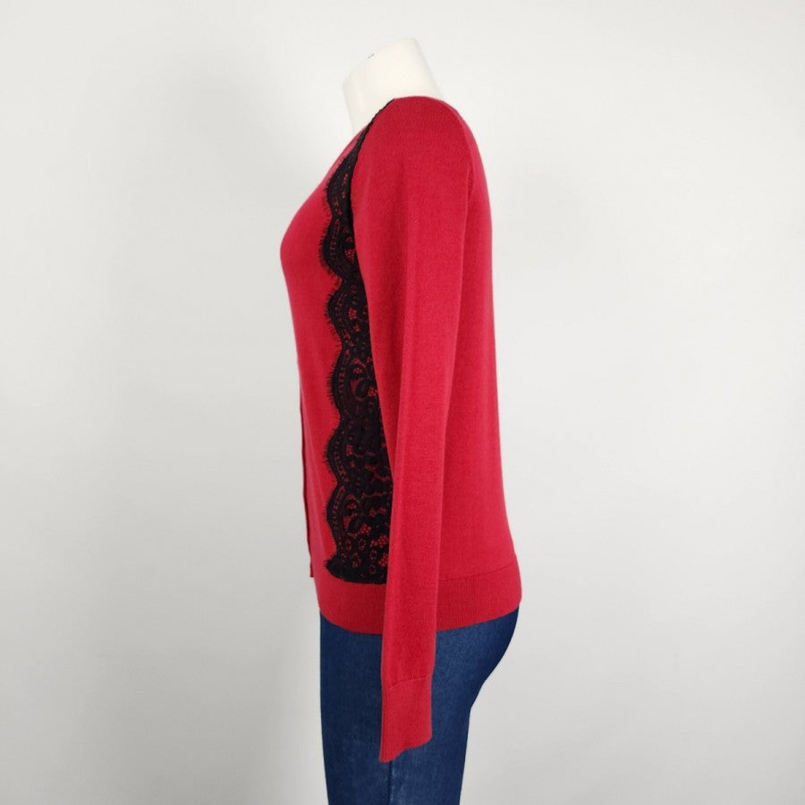 Denver Hays Red Black Lace Button Up Cardigan Size S