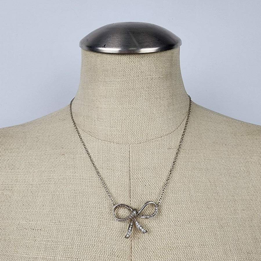925 Sterling Silver Crystal Bow Delicate Necklace