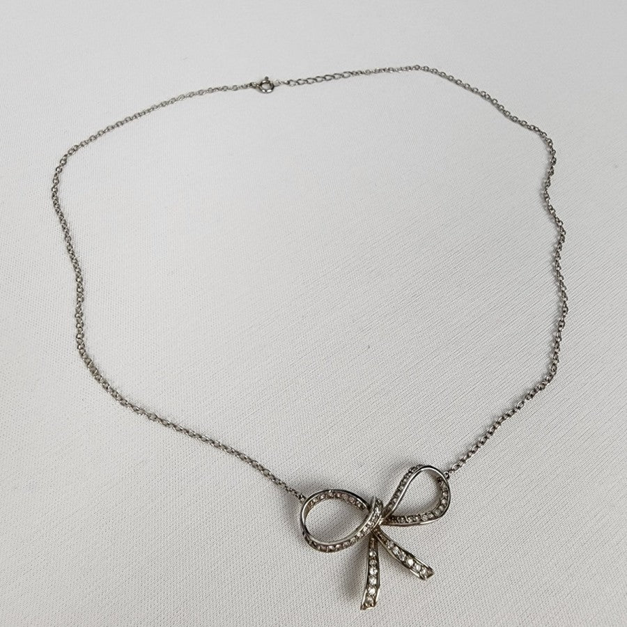 925 Sterling Silver Crystal Bow Delicate Necklace