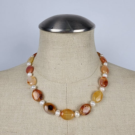 Natural Stone Faux Pearl Necklace & Bracelet Set Sterling Silver Clasp