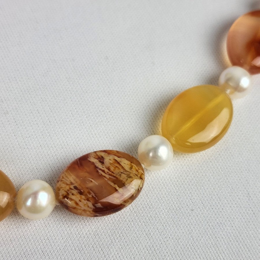 Natural Stone Faux Pearl Necklace & Bracelet Set Sterling Silver Clasp