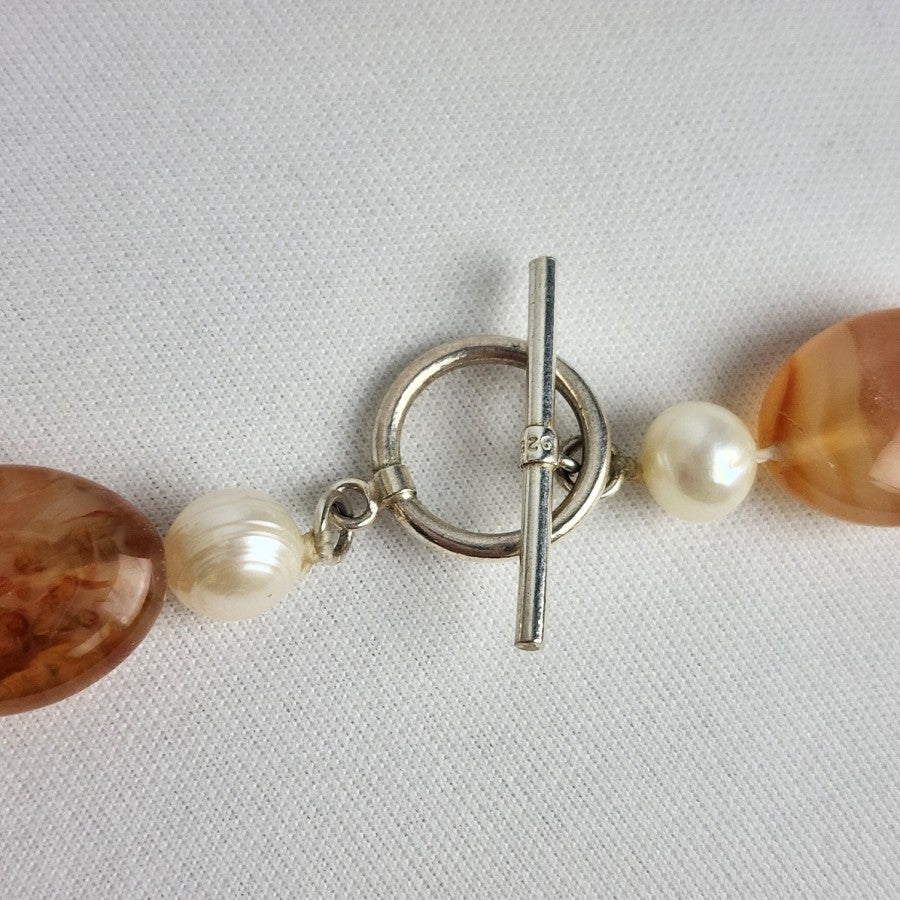 Natural Stone Faux Pearl Necklace & Bracelet Set Sterling Silver Clasp