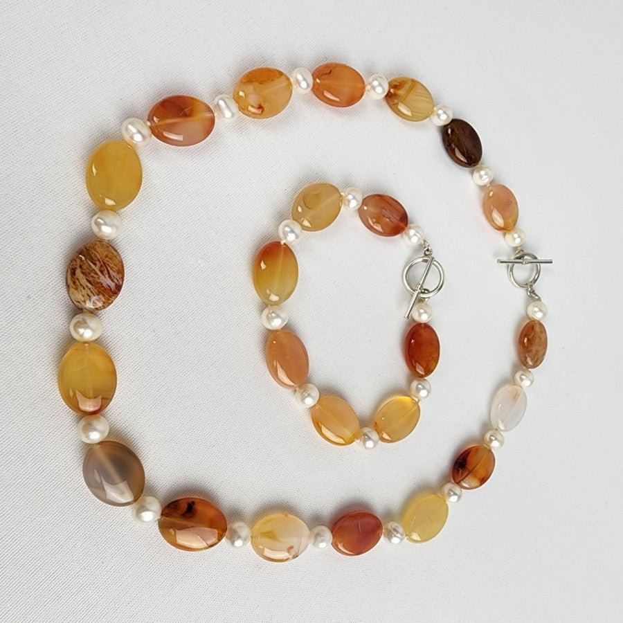 Natural Stone Faux Pearl Necklace & Bracelet Set Sterling Silver Clasp