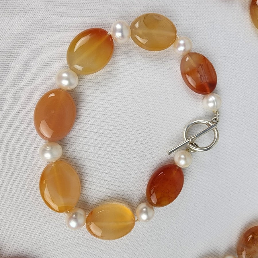 Natural Stone Faux Pearl Necklace & Bracelet Set Sterling Silver Clasp