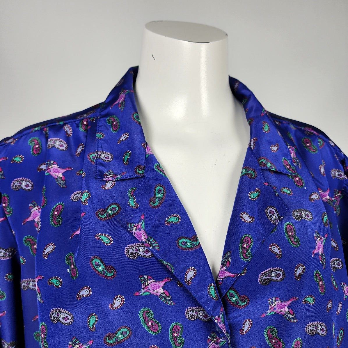 Marjorie Hamilton Blue Paisley Bird Button Blouse Size L/XL