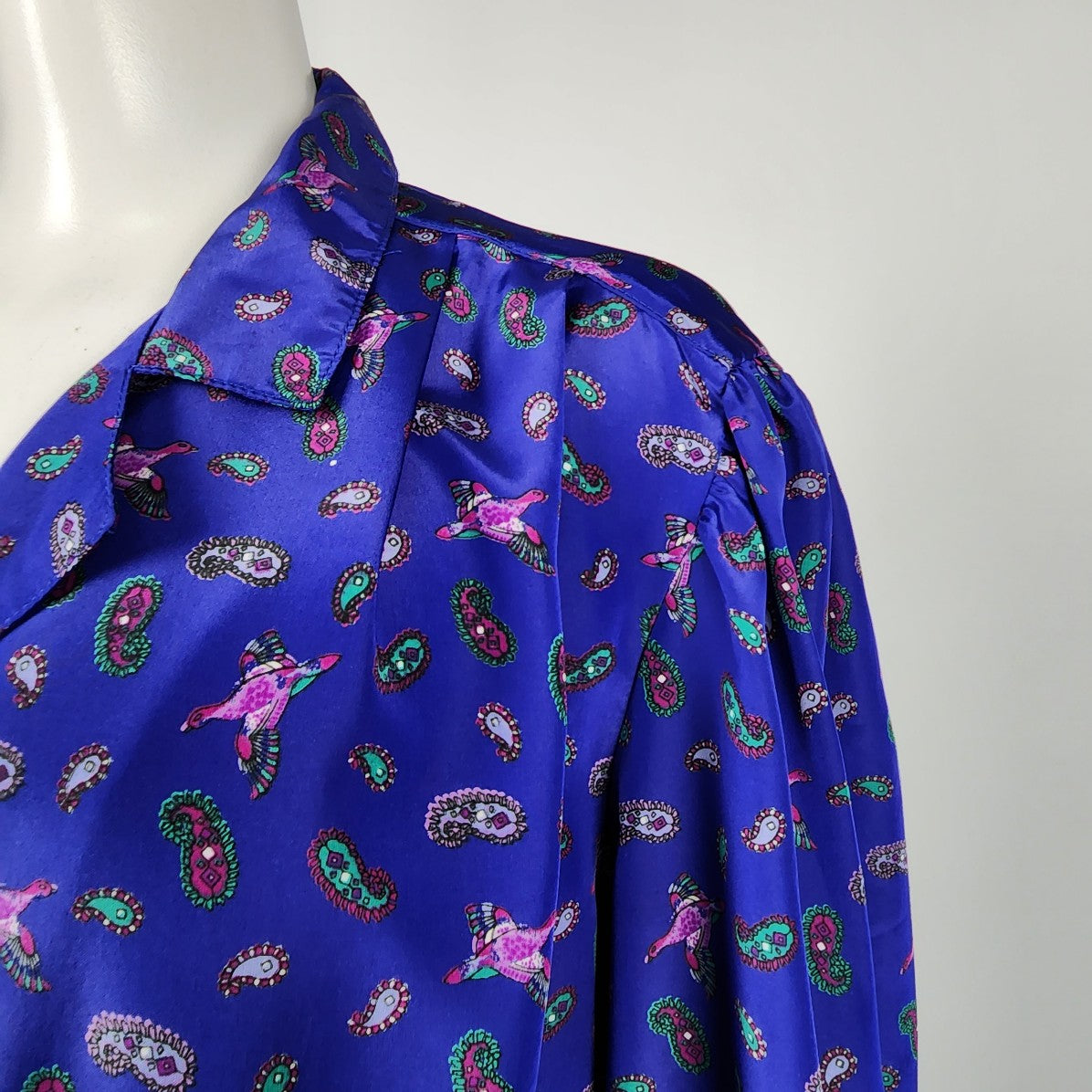 Marjorie Hamilton Blue Paisley Bird Button Blouse Size L/XL
