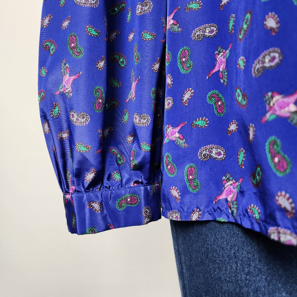 Marjorie Hamilton Blue Paisley Bird Button Blouse Size L/XL