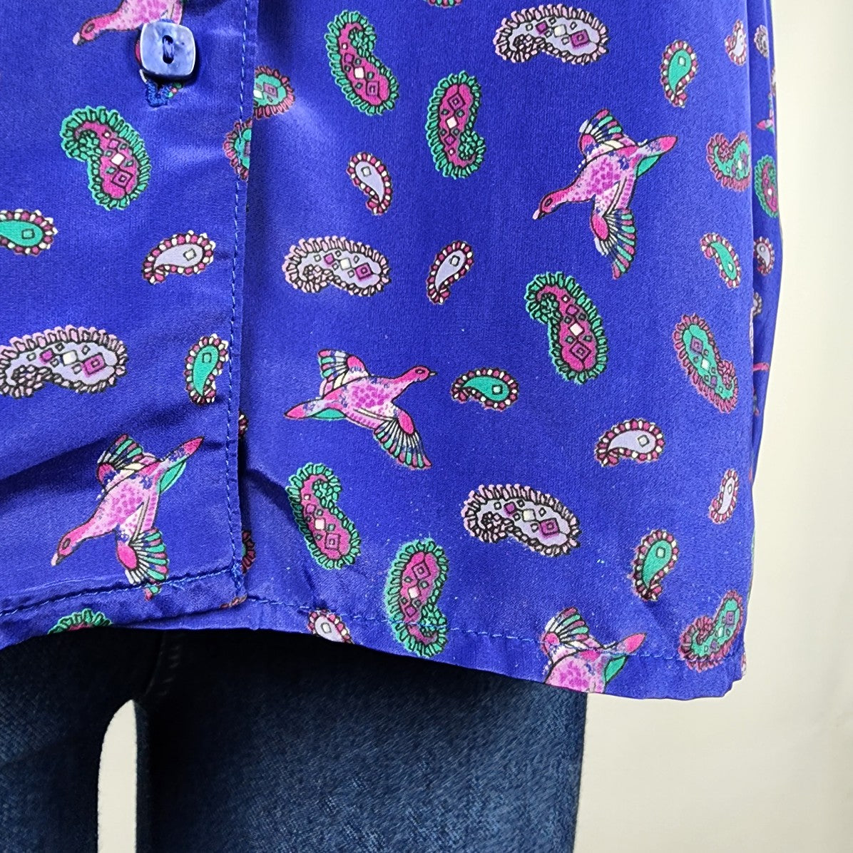Marjorie Hamilton Blue Paisley Bird Button Blouse Size L/XL