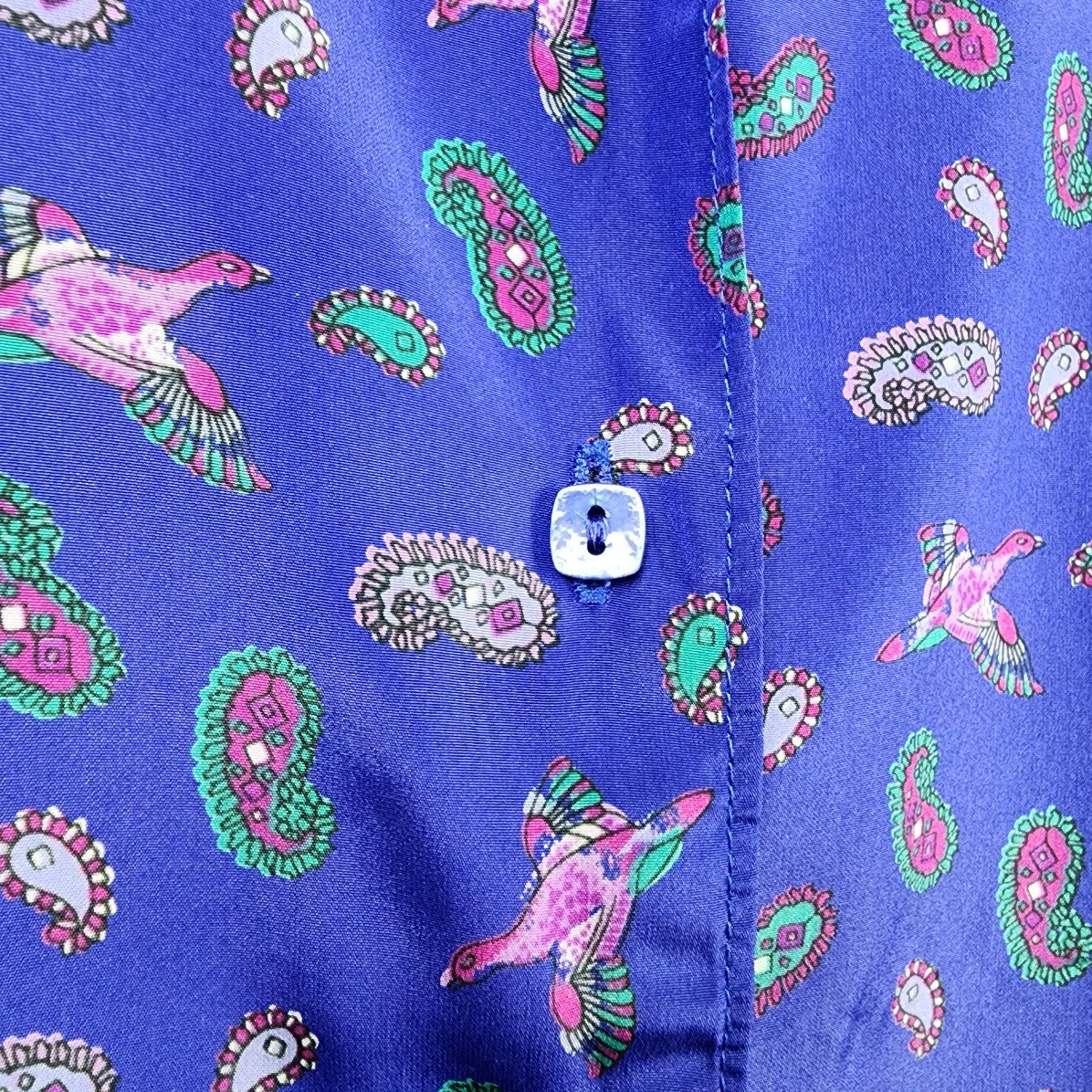Marjorie Hamilton Blue Paisley Bird Button Blouse Size L/XL
