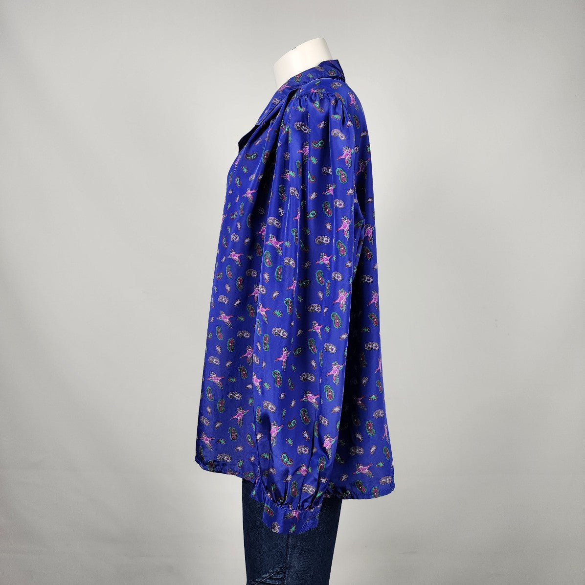 Marjorie Hamilton Blue Paisley Bird Button Blouse Size L/XL