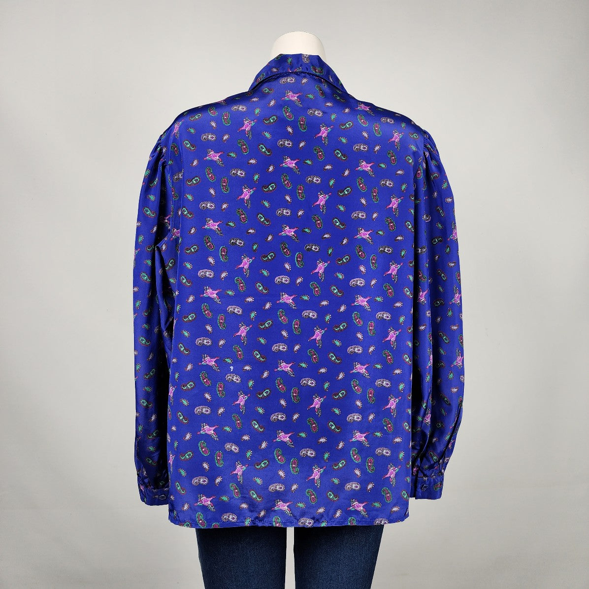 Marjorie Hamilton Blue Paisley Bird Button Blouse Size L/XL