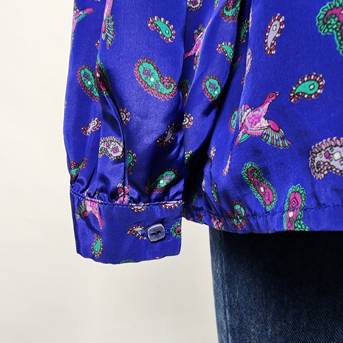 Marjorie Hamilton Blue Paisley Bird Button Blouse Size L/XL