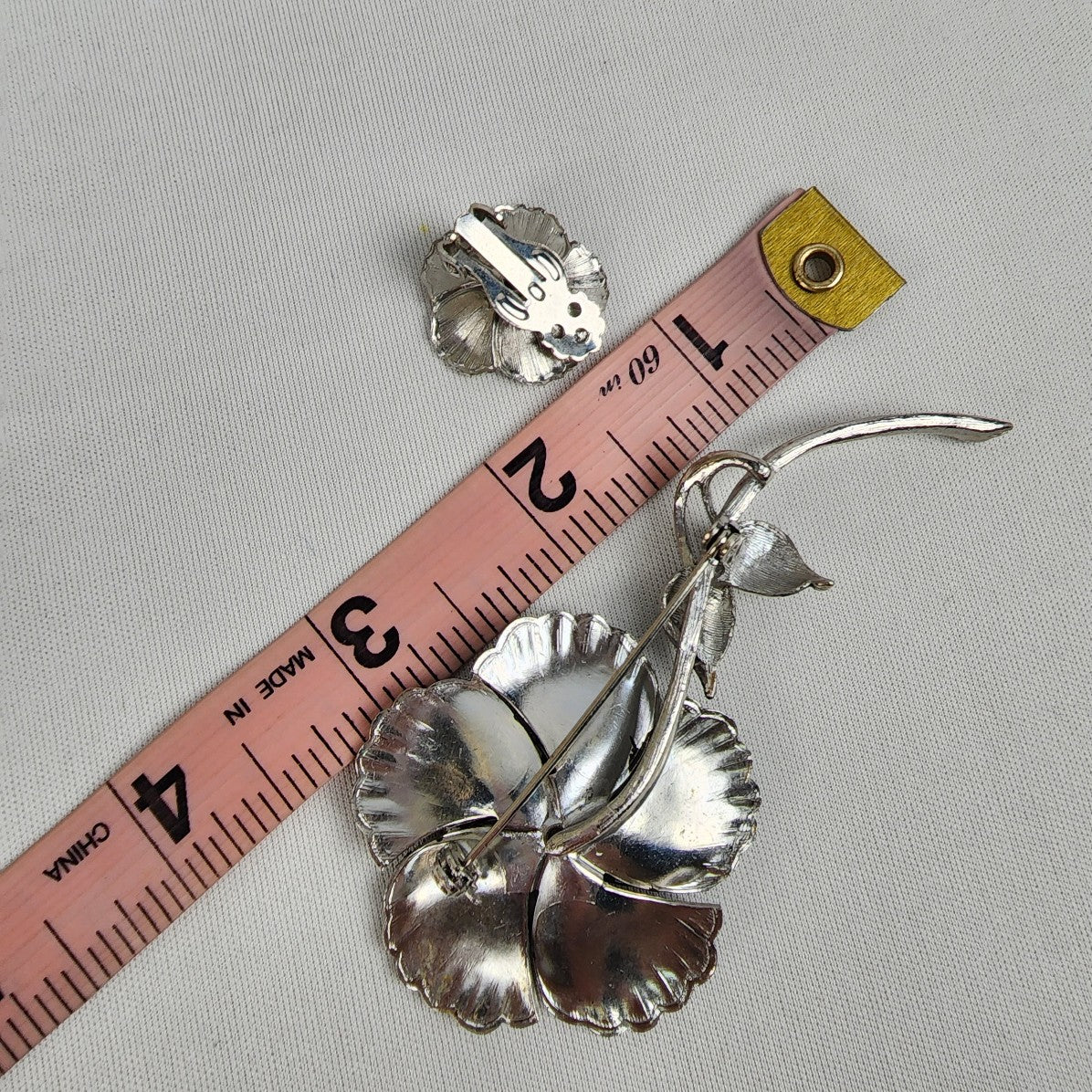 Vintage Silver Metal Flower Brooch & Earring Set
