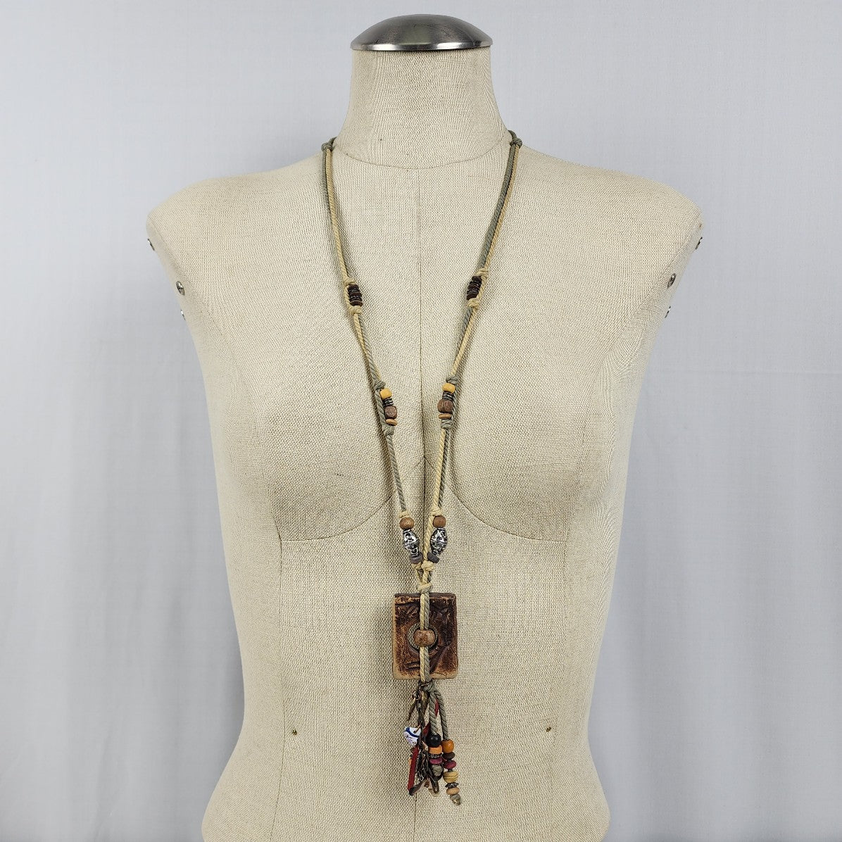 Vintage Wood Beaded Necklace Boho Handmade