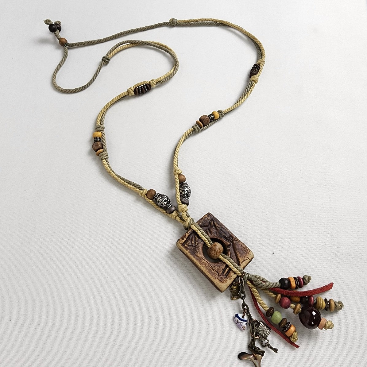 Vintage Wood Beaded Necklace Boho Handmade