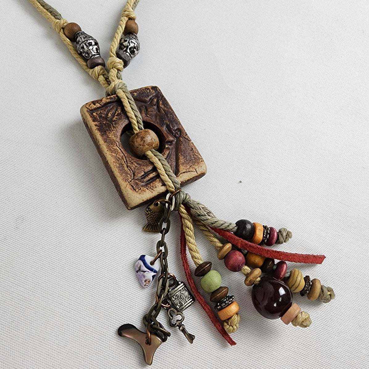 Vintage Wood Beaded Necklace Boho Handmade