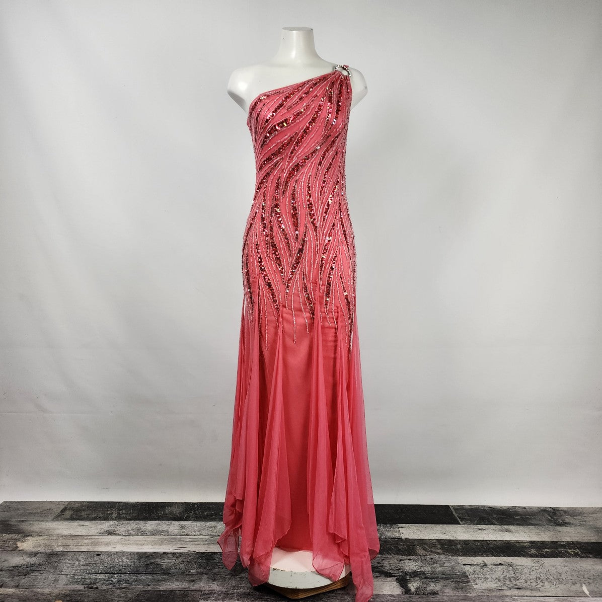 Le Gala Pink Beaded One Shoulder Long Grad Event Gown Size S