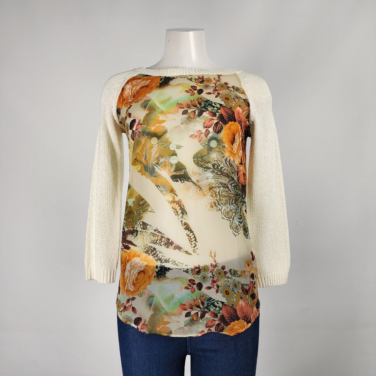 THML Cream Knit Floral Chiffon Sweater Size S