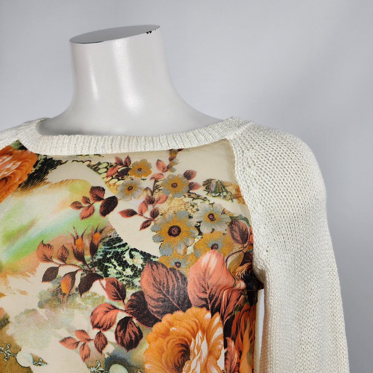 THML Cream Knit Floral Chiffon Sweater Size S