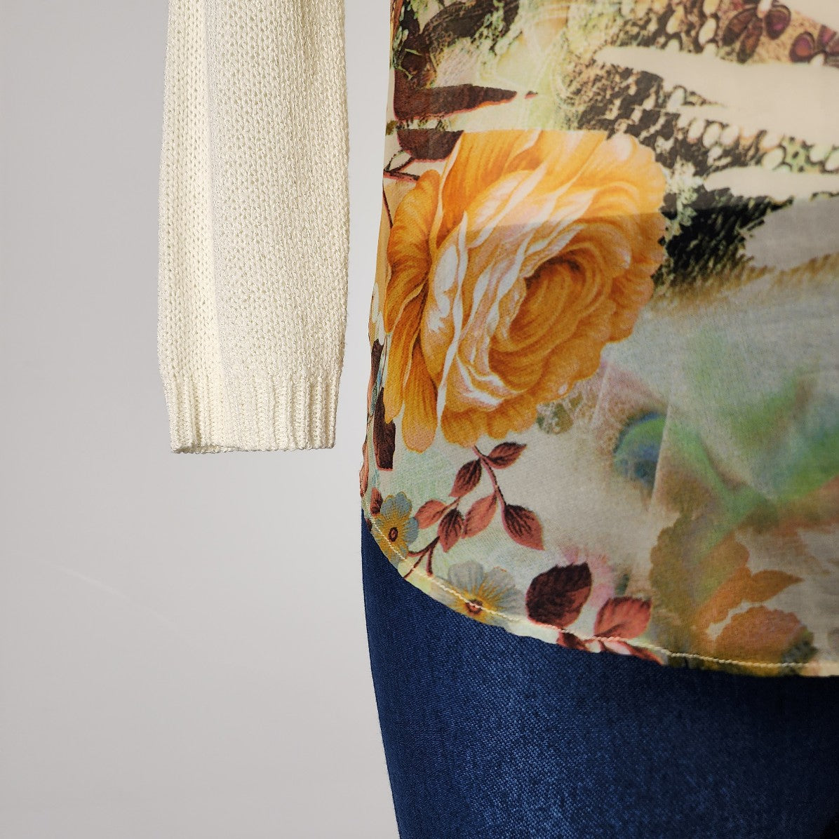 THML Cream Knit Floral Chiffon Sweater Size S