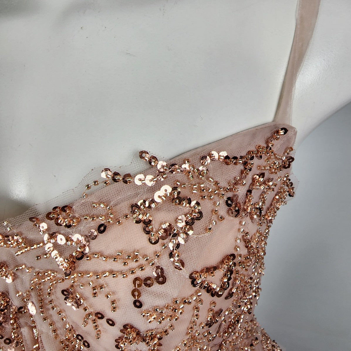 Rose Gold Blush Pink Tule Beaded Grad Gown Event Dress Size M