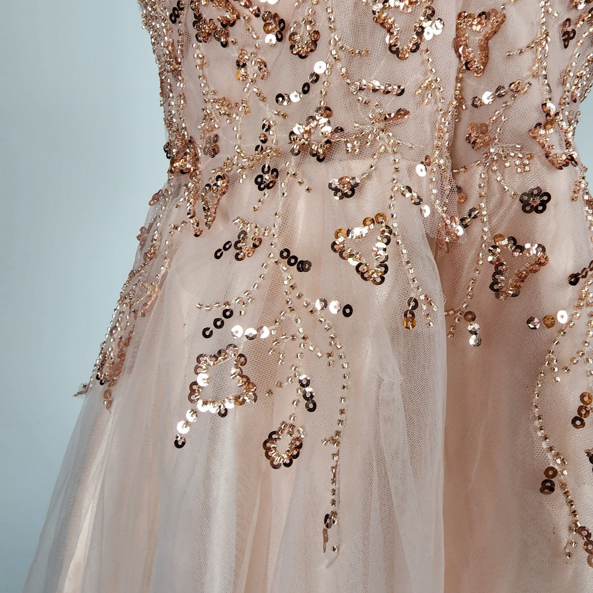 Rose Gold Blush Pink Tule Beaded Grad Gown Event Dress Size M