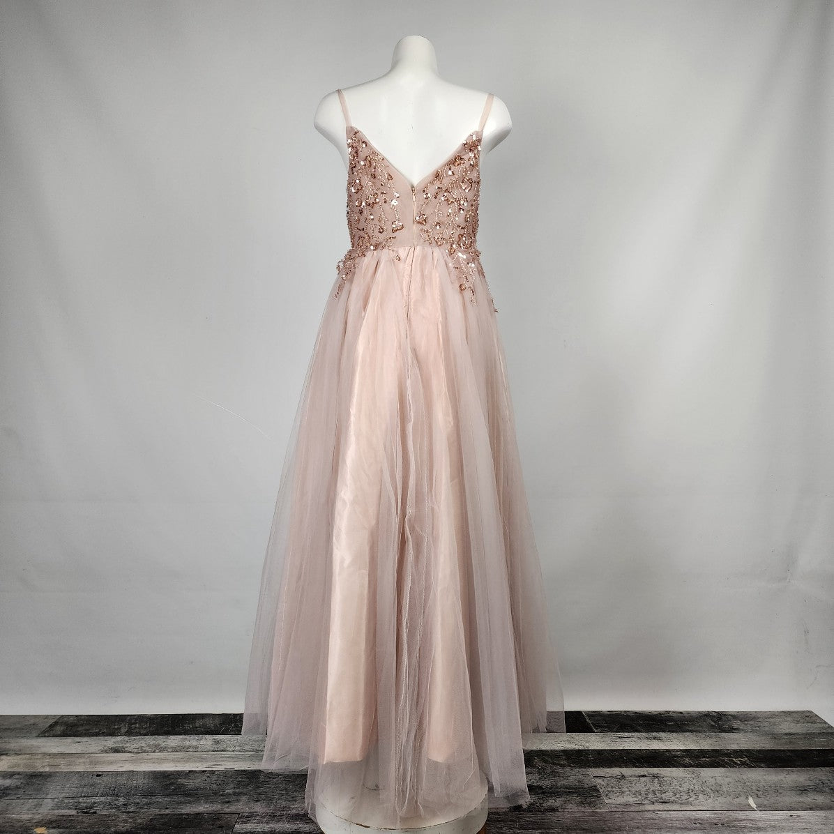 Rose Gold Blush Pink Tule Beaded Grad Gown Event Dress Size M
