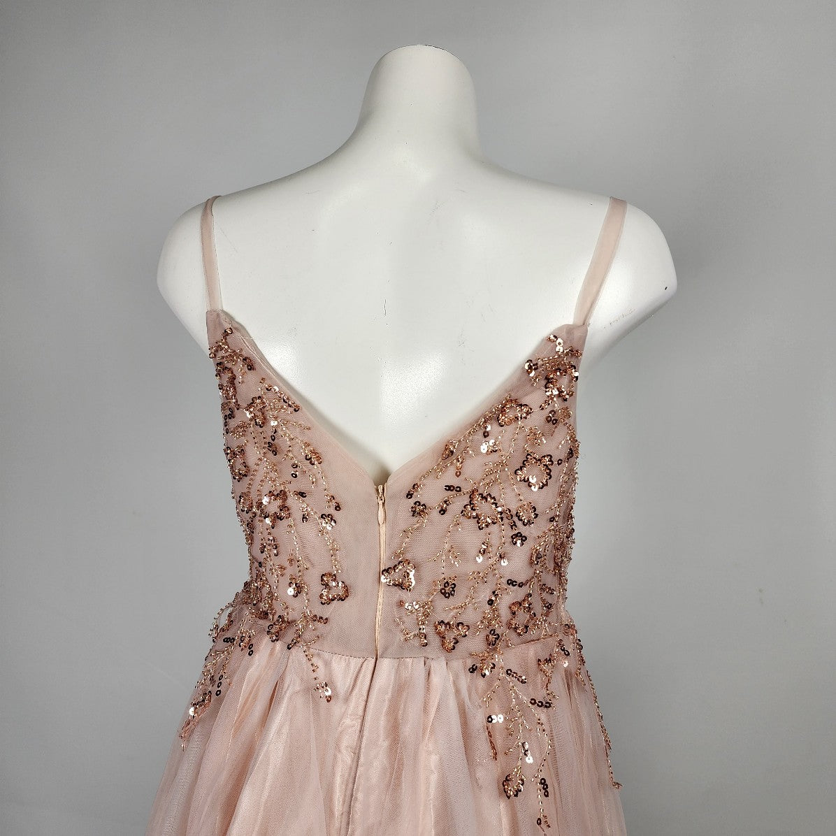 Rose Gold Blush Pink Tule Beaded Grad Gown Event Dress Size M