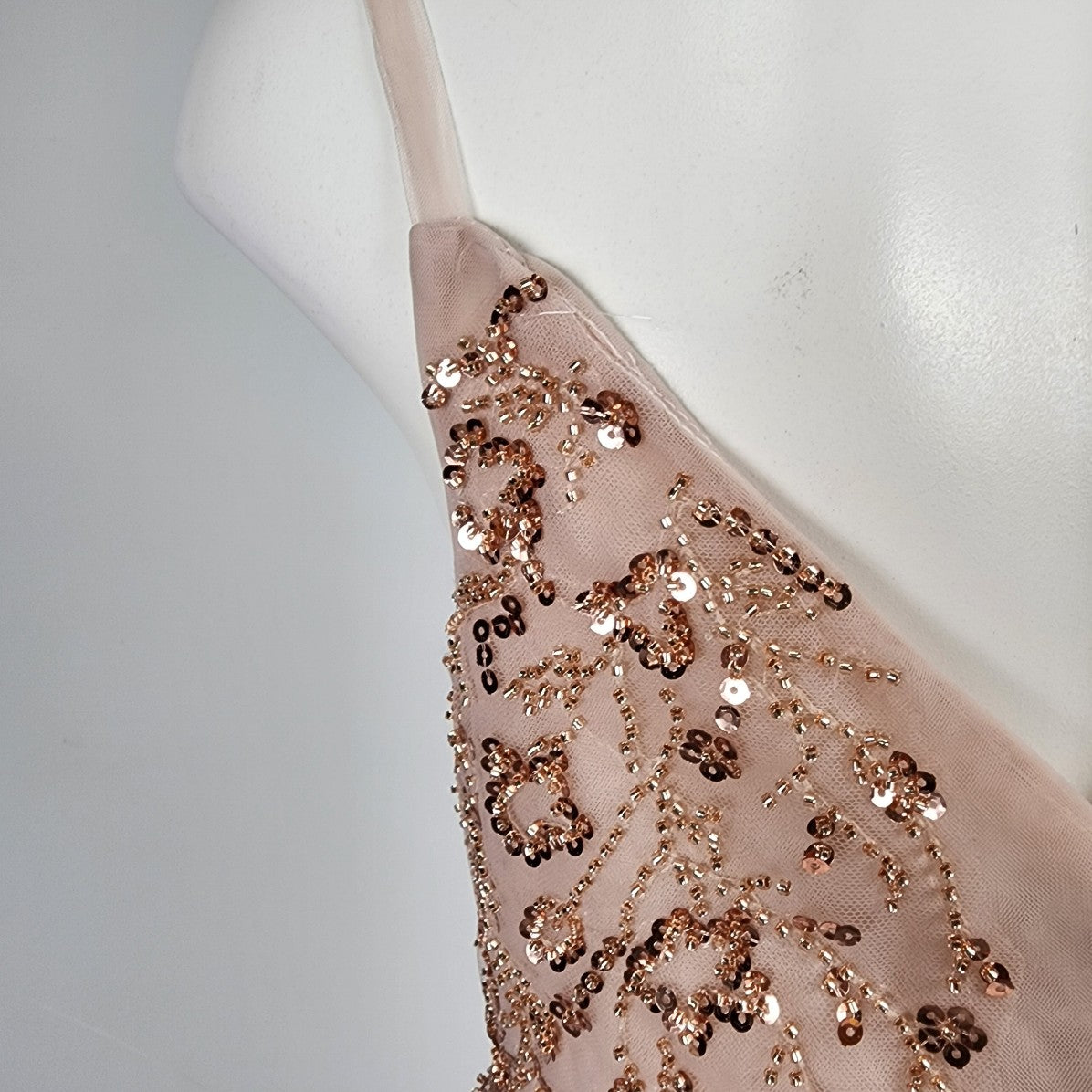 Rose Gold Blush Pink Tule Beaded Grad Gown Event Dress Size M