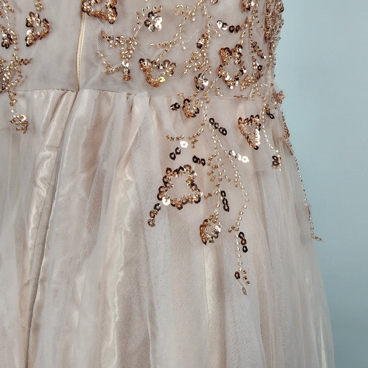 Rose Gold Blush Pink Tule Beaded Grad Gown Event Dress Size M