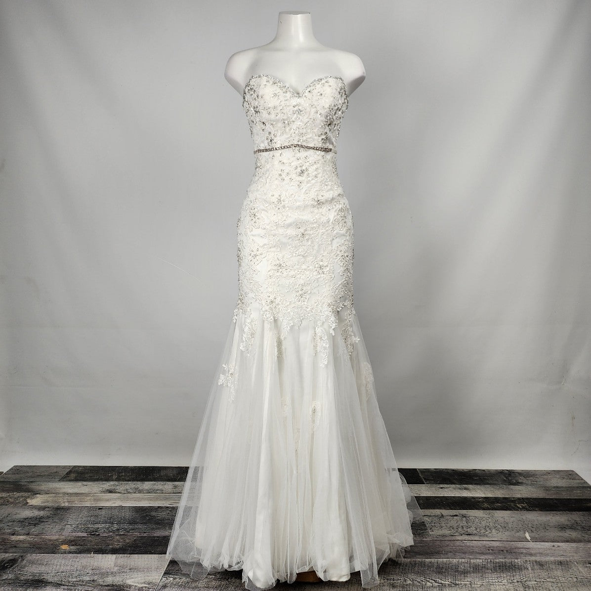 Stella York Lace Mermaid Wedding Gown Crystal Belt Size S
