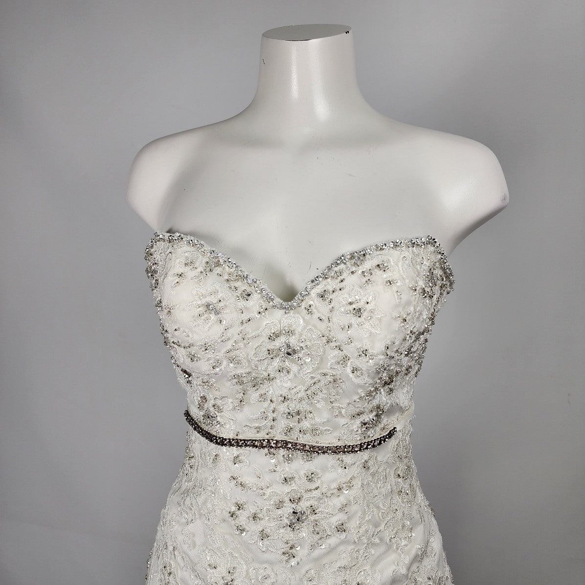 Stella York Lace Mermaid Wedding Gown Crystal Belt Size S