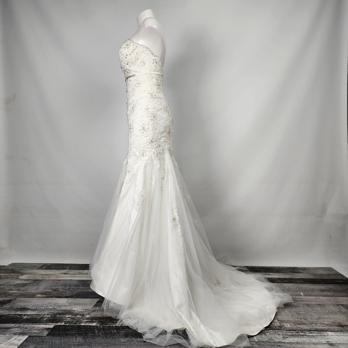 Stella York Lace Mermaid Wedding Gown Crystal Belt Size S