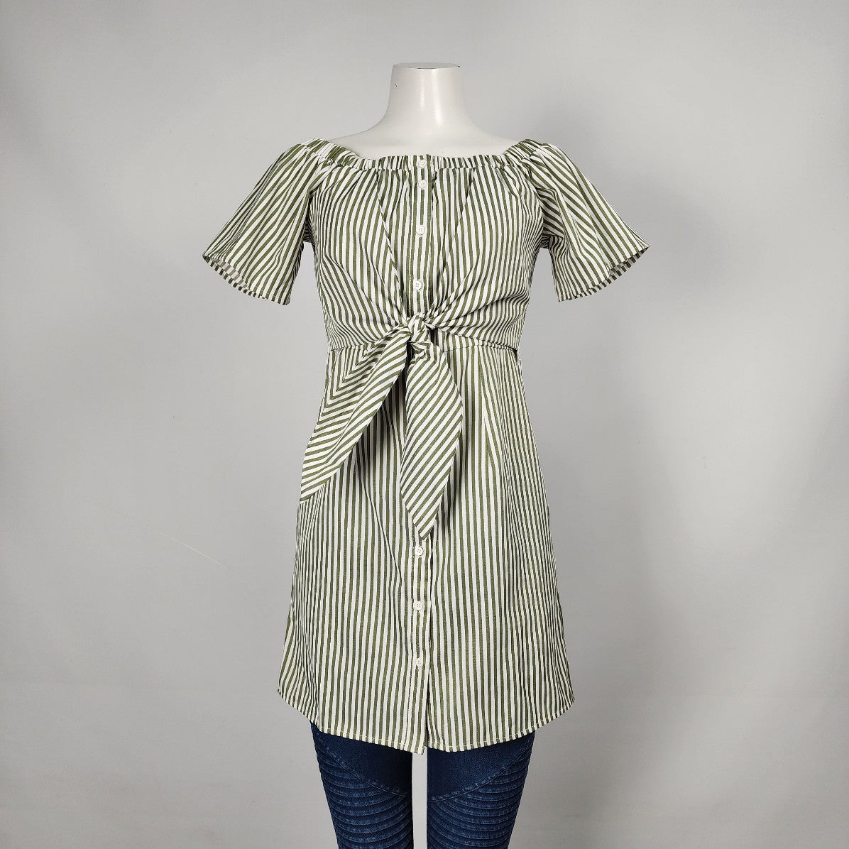 Go CoCo Green Stripped Tunic Top Button Up Size S/M