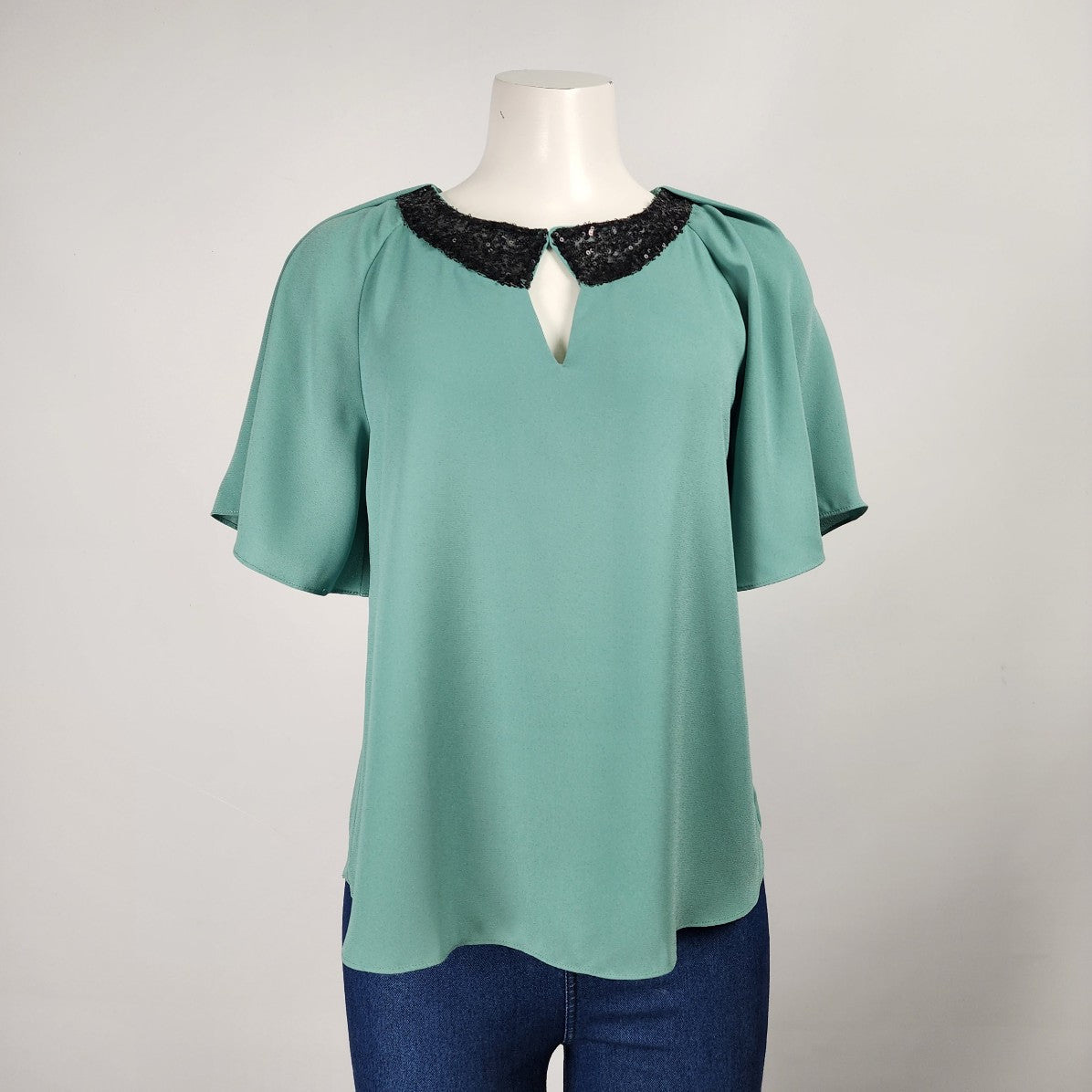 Rachel Roy Green & Black Sequined Blouse Size S Flutter Sleeve