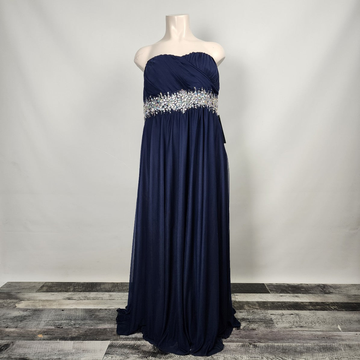 My Michelle Navy AB Crystal Chiffon Event Gown Size 24